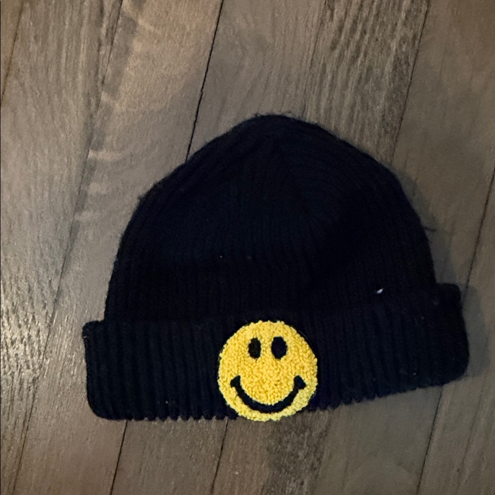 Kids Black Beanie with Yellow Smiley Face
